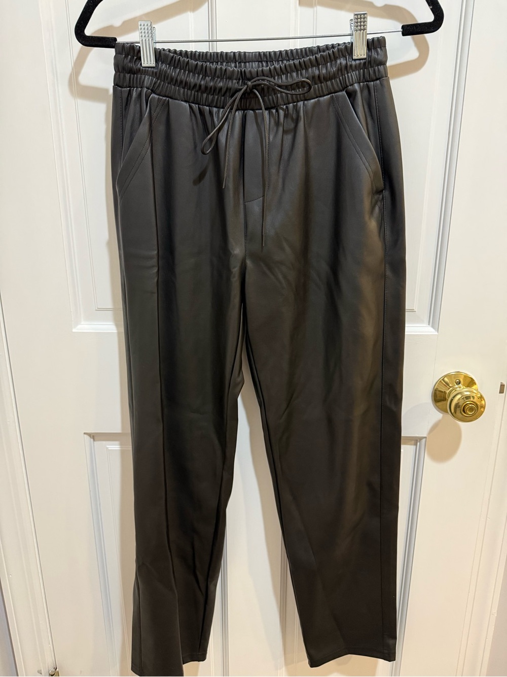 Women's Black Faux Leather Jogger Pants with Elastic Waist